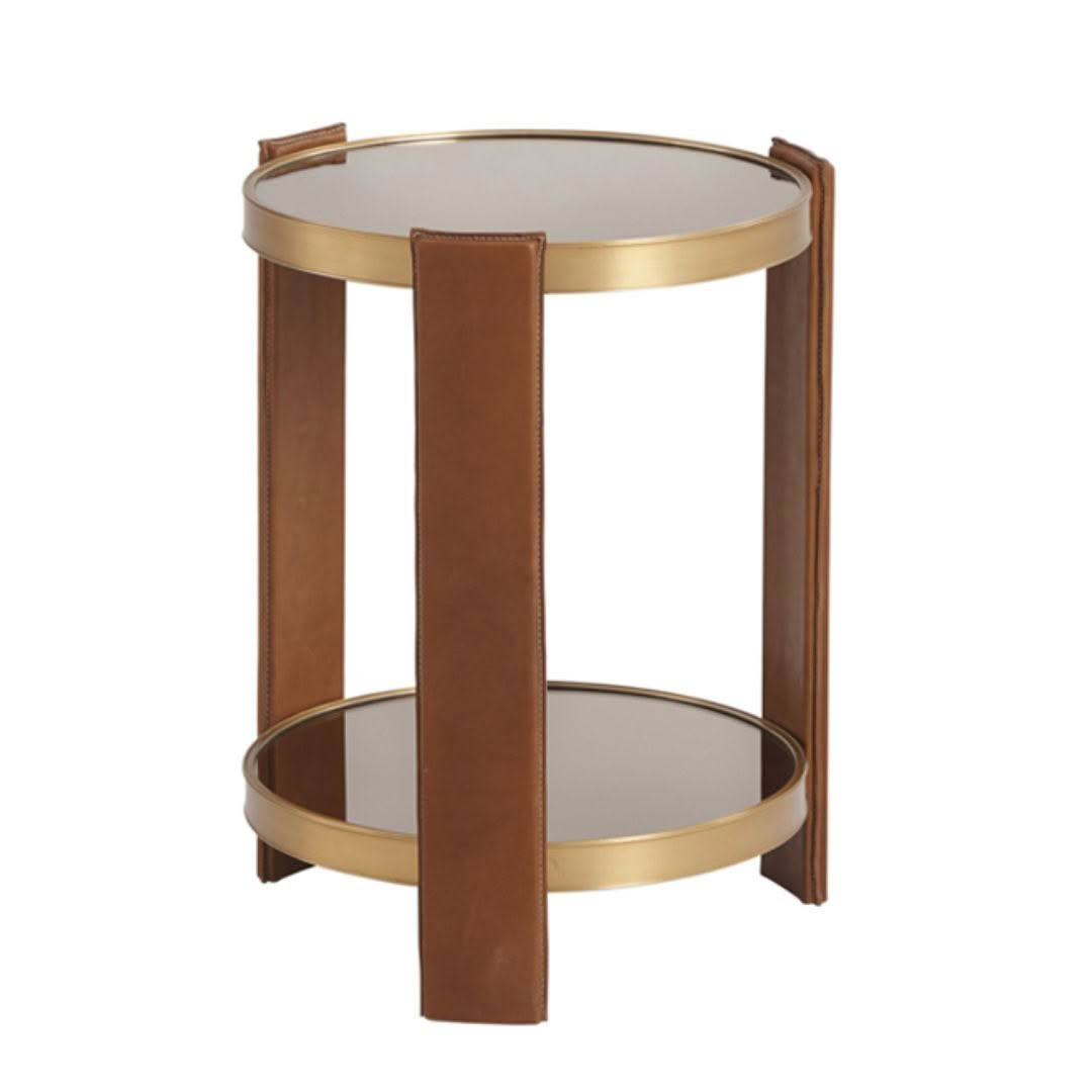 Round leather and glass gold-framed accent table
