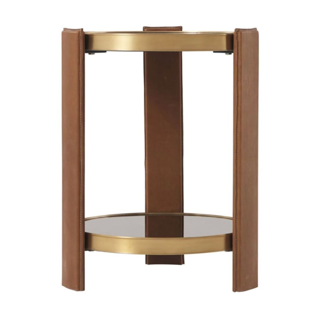 Brown and gold side table with mirror shelf