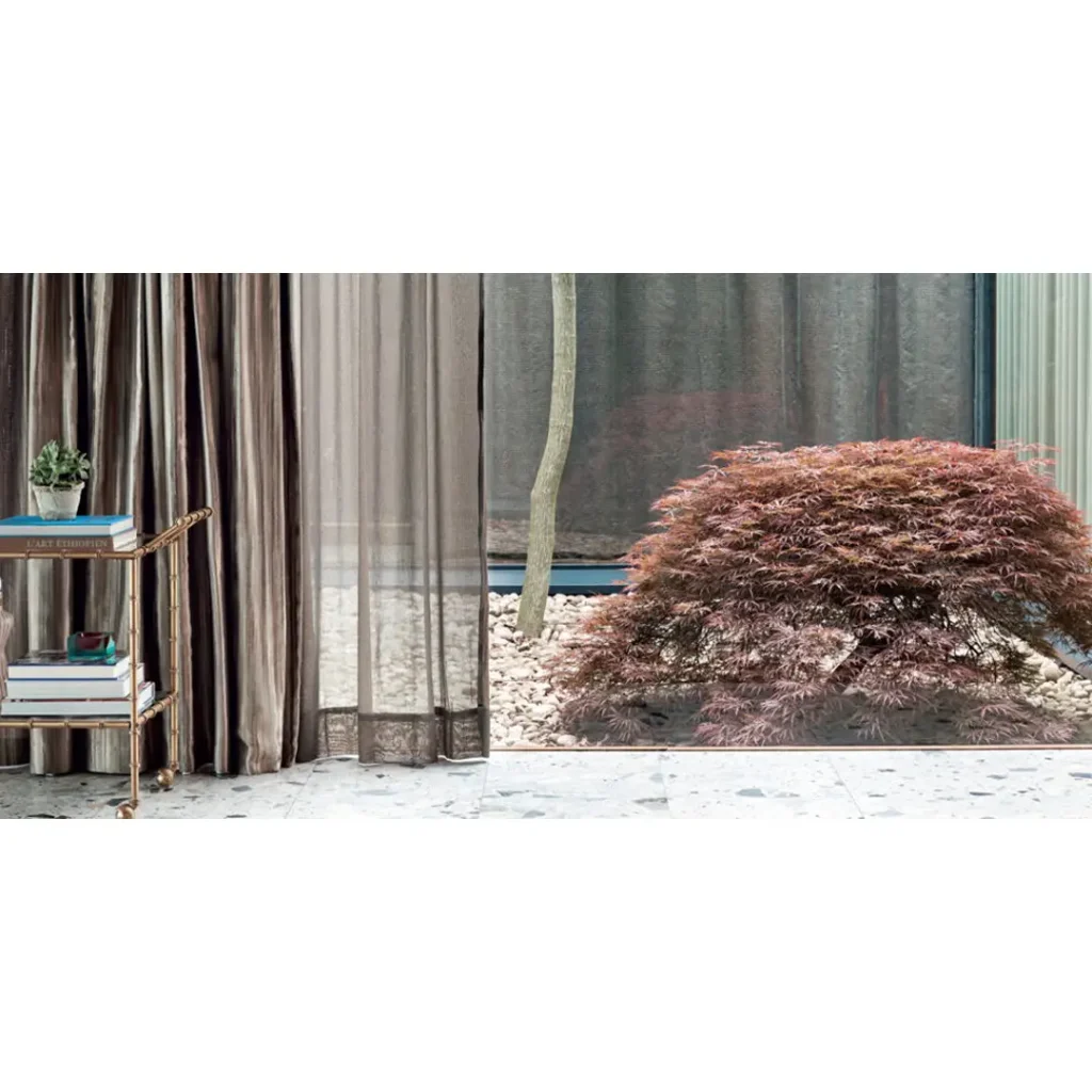 Interior bookshelf, curtains, exterior view of Japanese maple