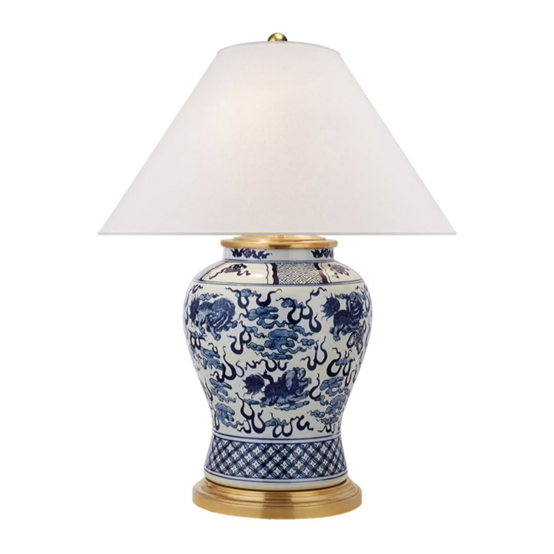 Blue and white porcelain table lamp with shade