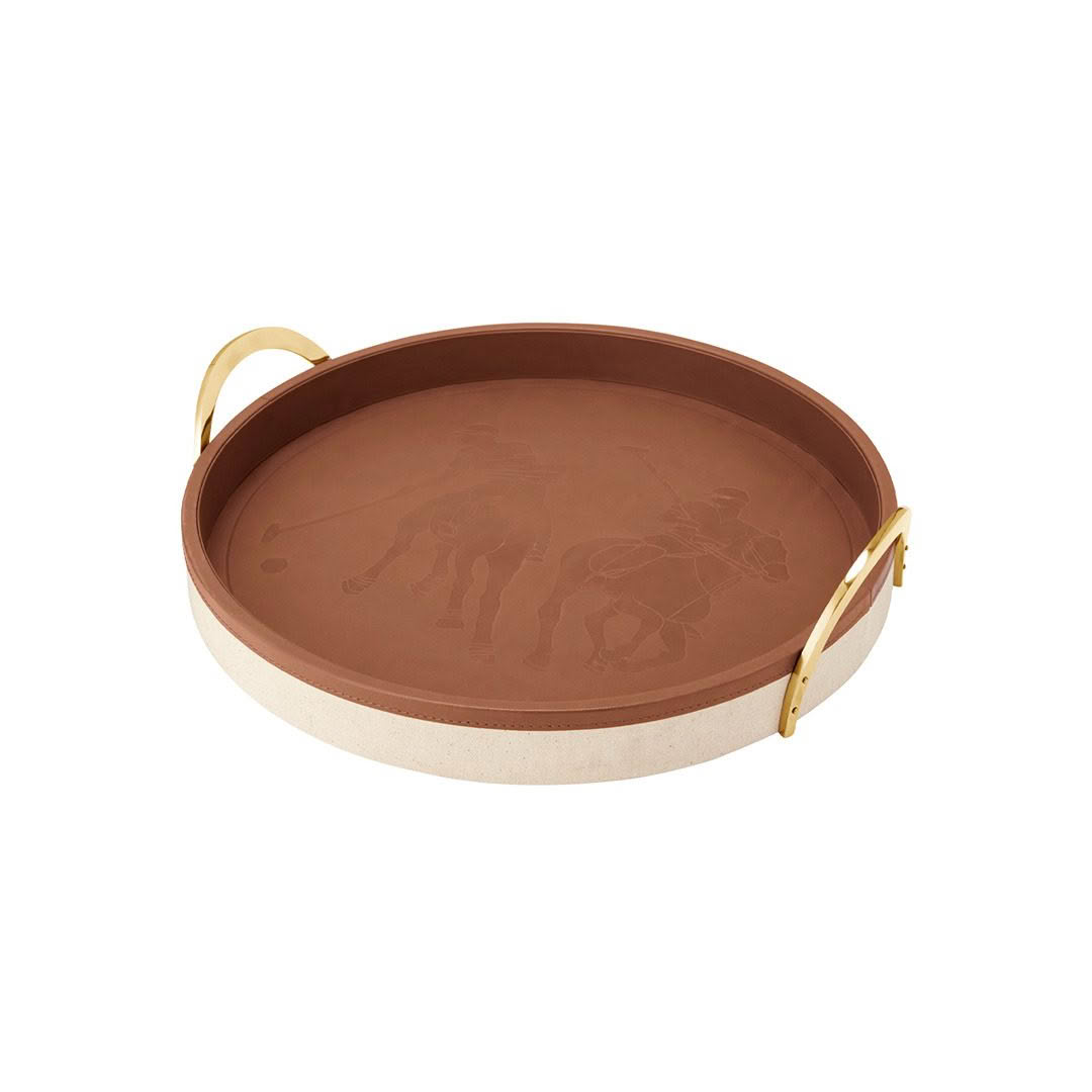 Round brown tray with polo players design and handles