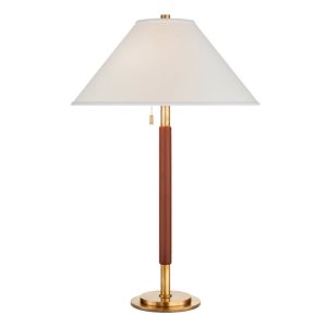 Elegant gold and wood table lamp with white shade