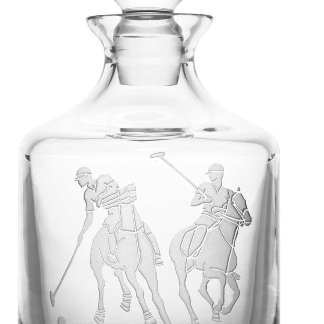 Glass decanter engraved with polo and golf players