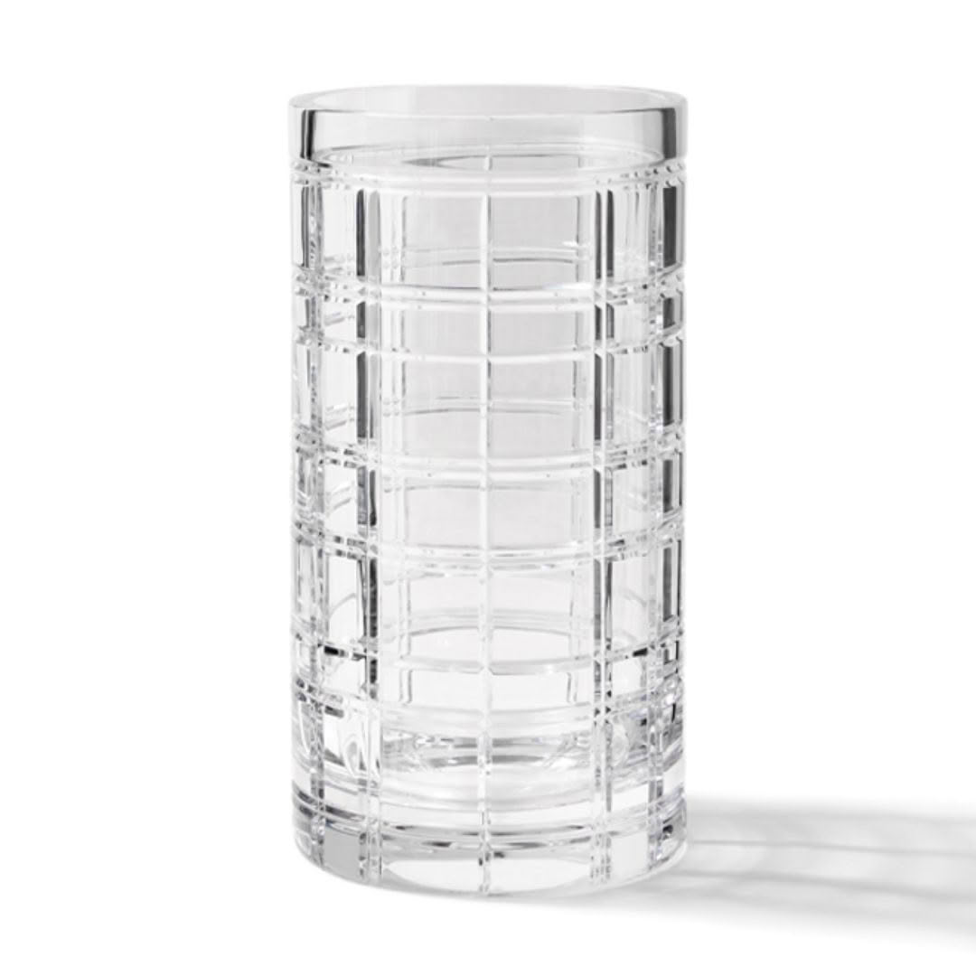 Clear glass water tumbler with geometric patterns