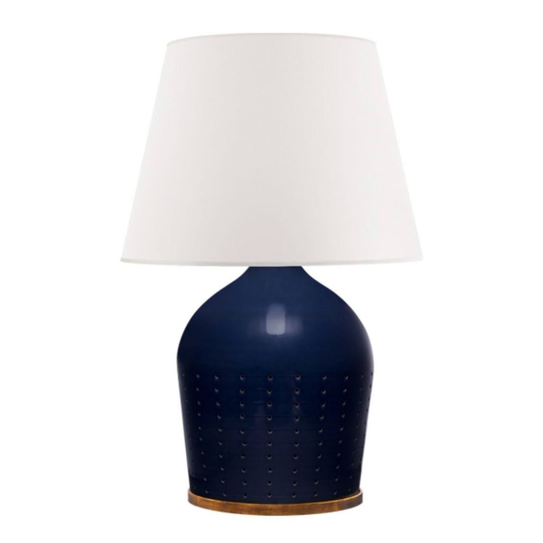 Navy blue ceramic table lamp with white shade