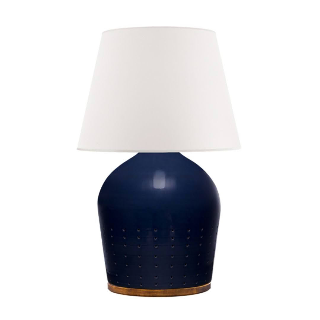 Navy blue ceramic table lamp with white shade