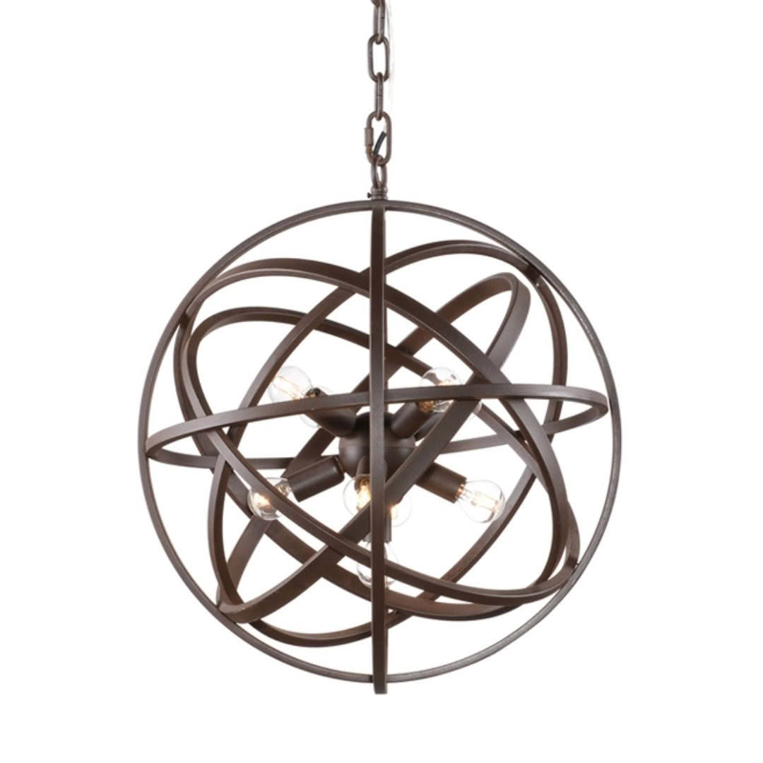 Orbital bronze chandelier with exposed bulbs