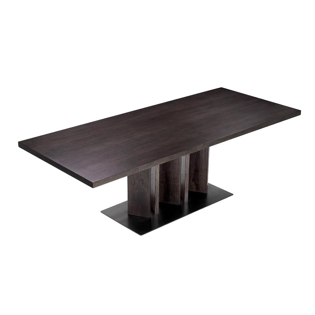 Dark wooden modern dining table on black base