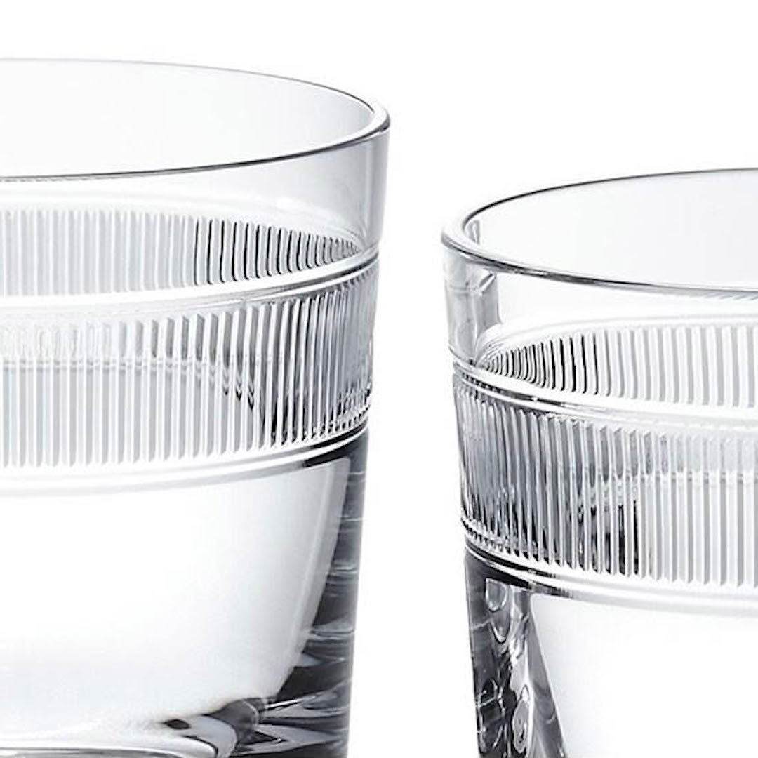 Two clear glass cups with ribbed design
