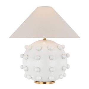 White textured table lamp with beige shade and gold base