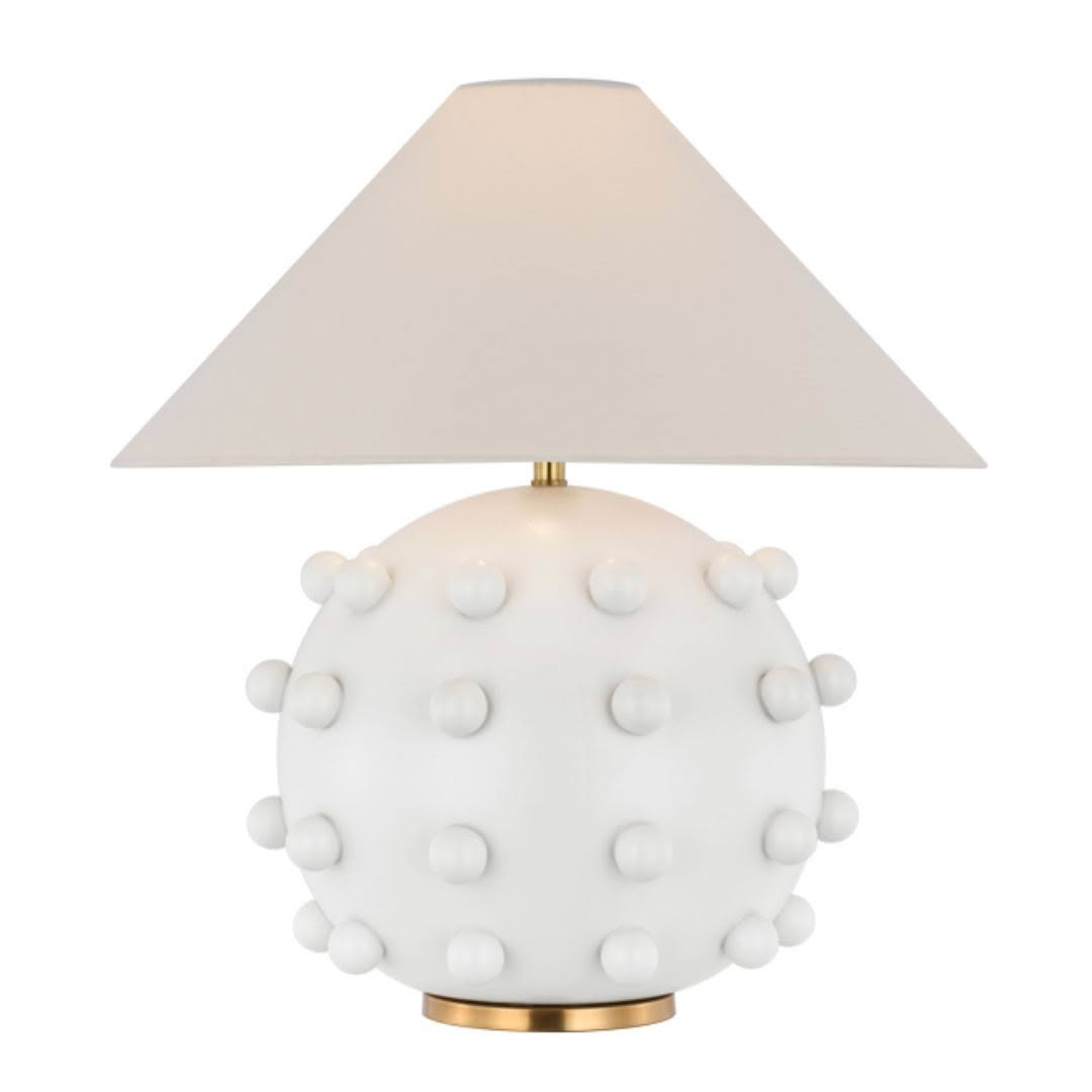 White textured table lamp with beige shade and gold base