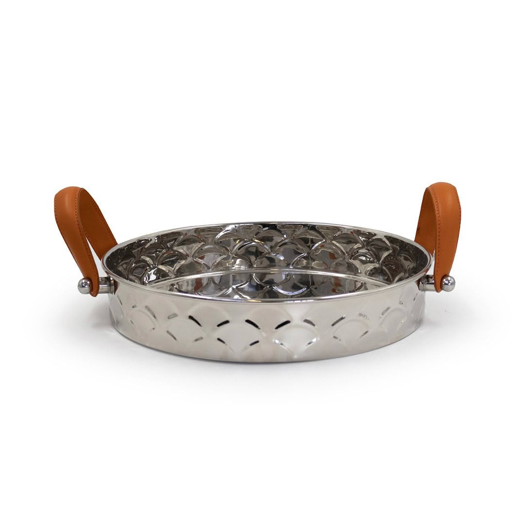 Stainless steel perforated sauté pan with leather handles