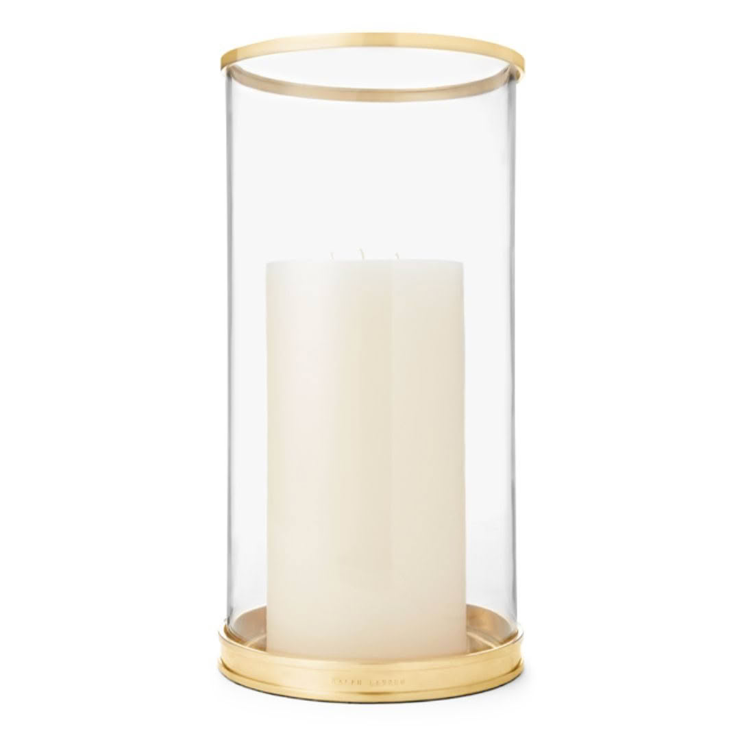 Large ivory candle in clear glass with gold trim