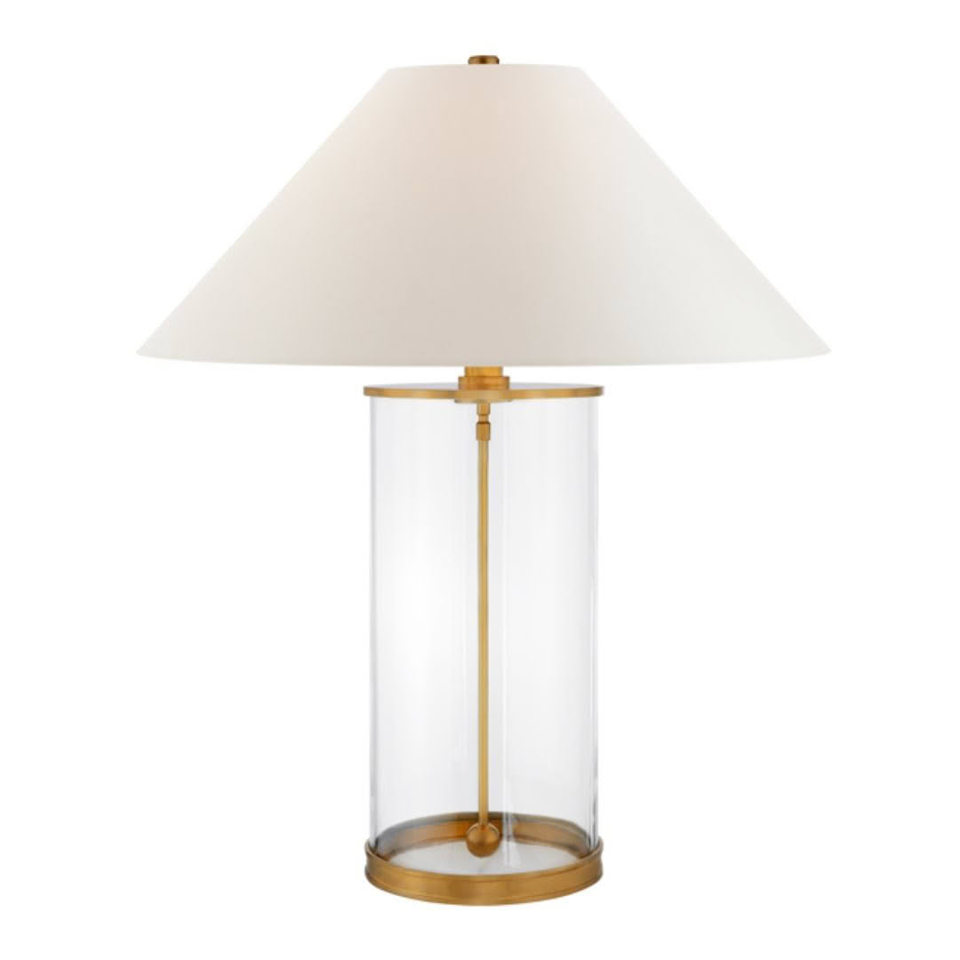Elegant glass and brass table lamp with white shade