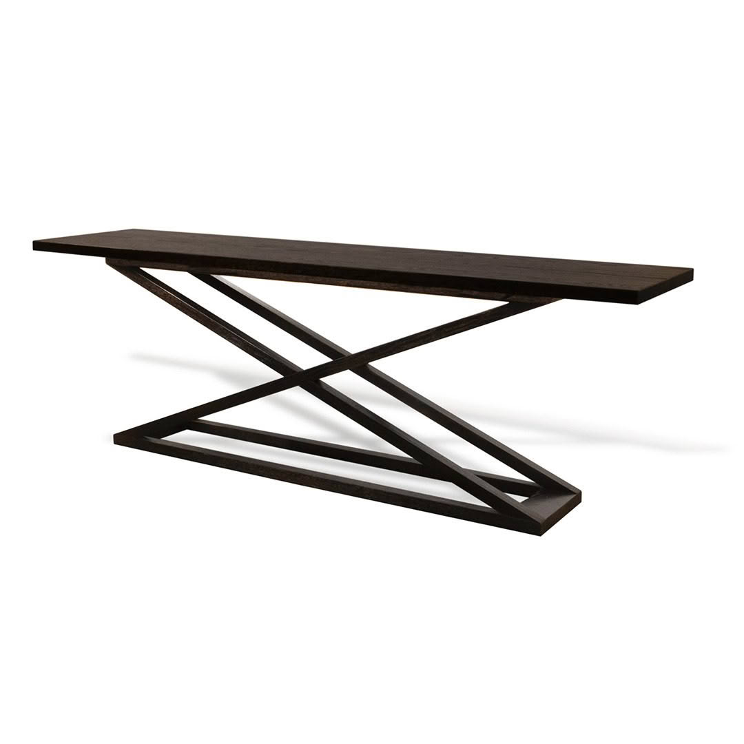 Dark wood table with crisscross metal base
