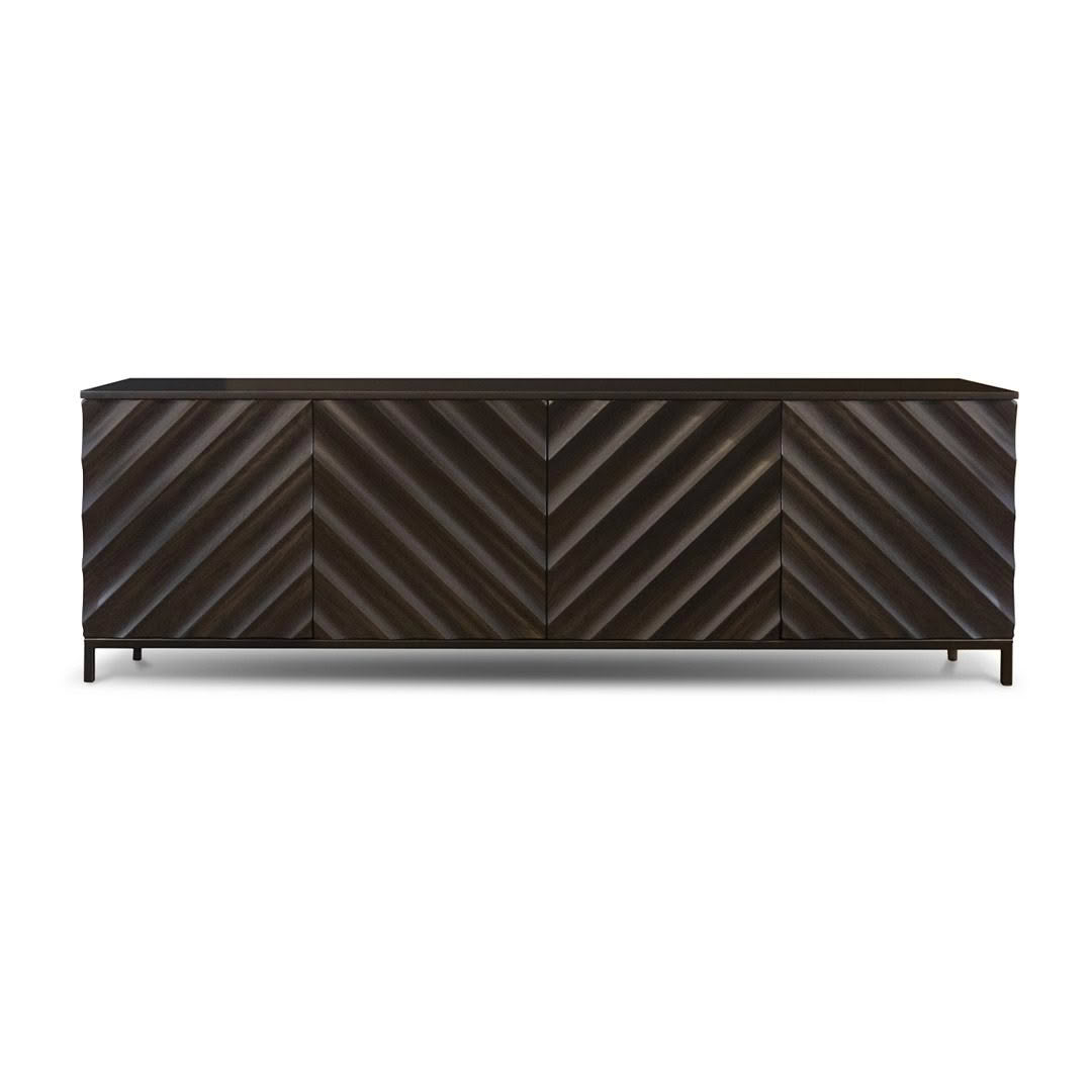 Modern brown chevron-patterned wooden credenza