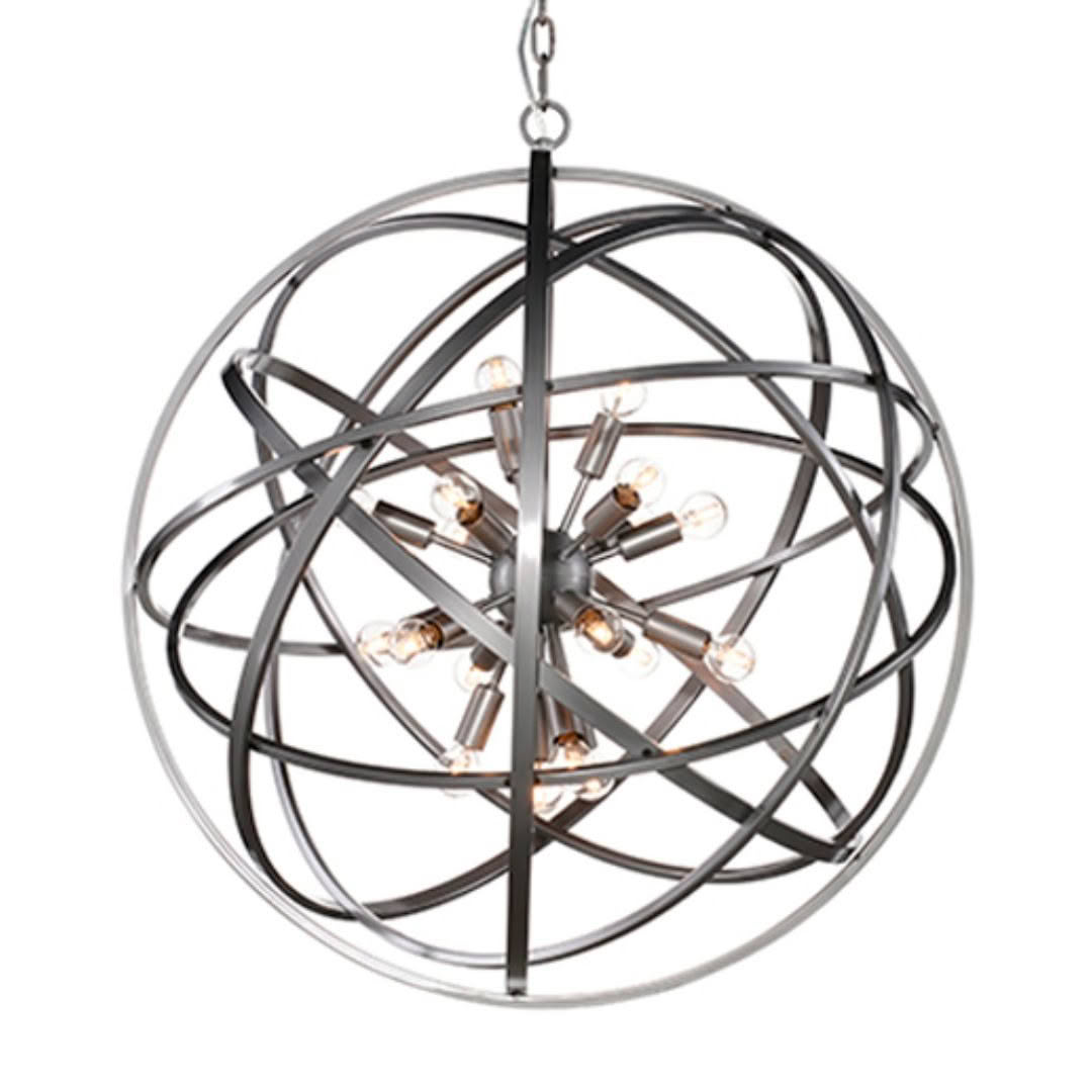 Metal orb chandelier with exposed bulbs.