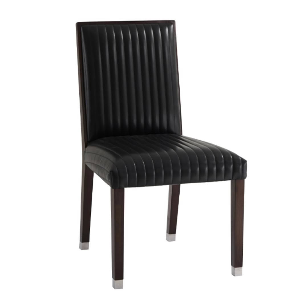 Black leather dining chair with dark wooden legs