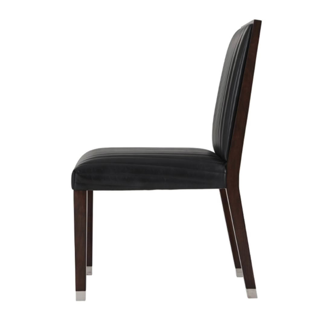Modern black leather dining chair with wooden legs
