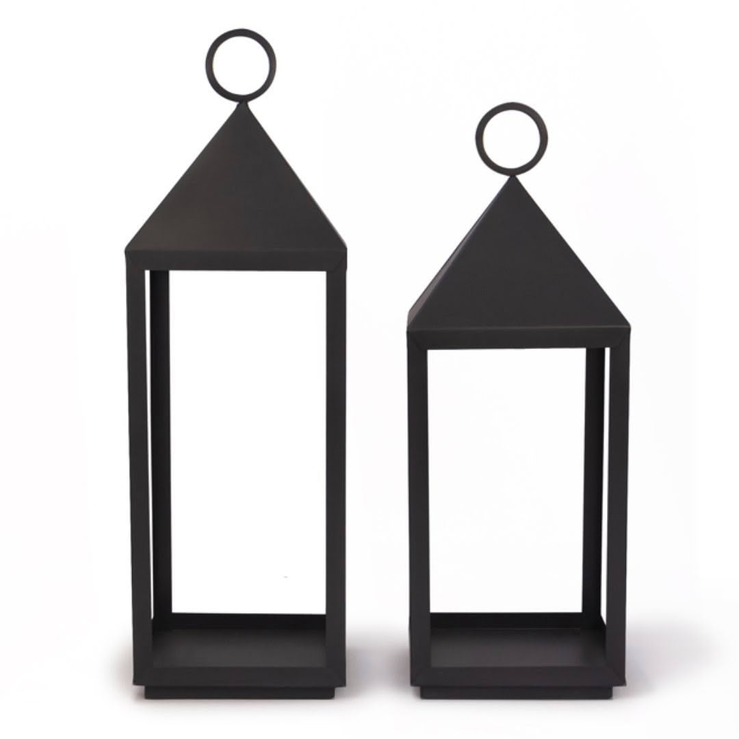 Two black decorative lanterns on white background