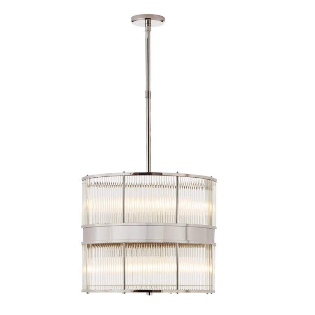 Modern cylindrical pendant light with ribbed glass