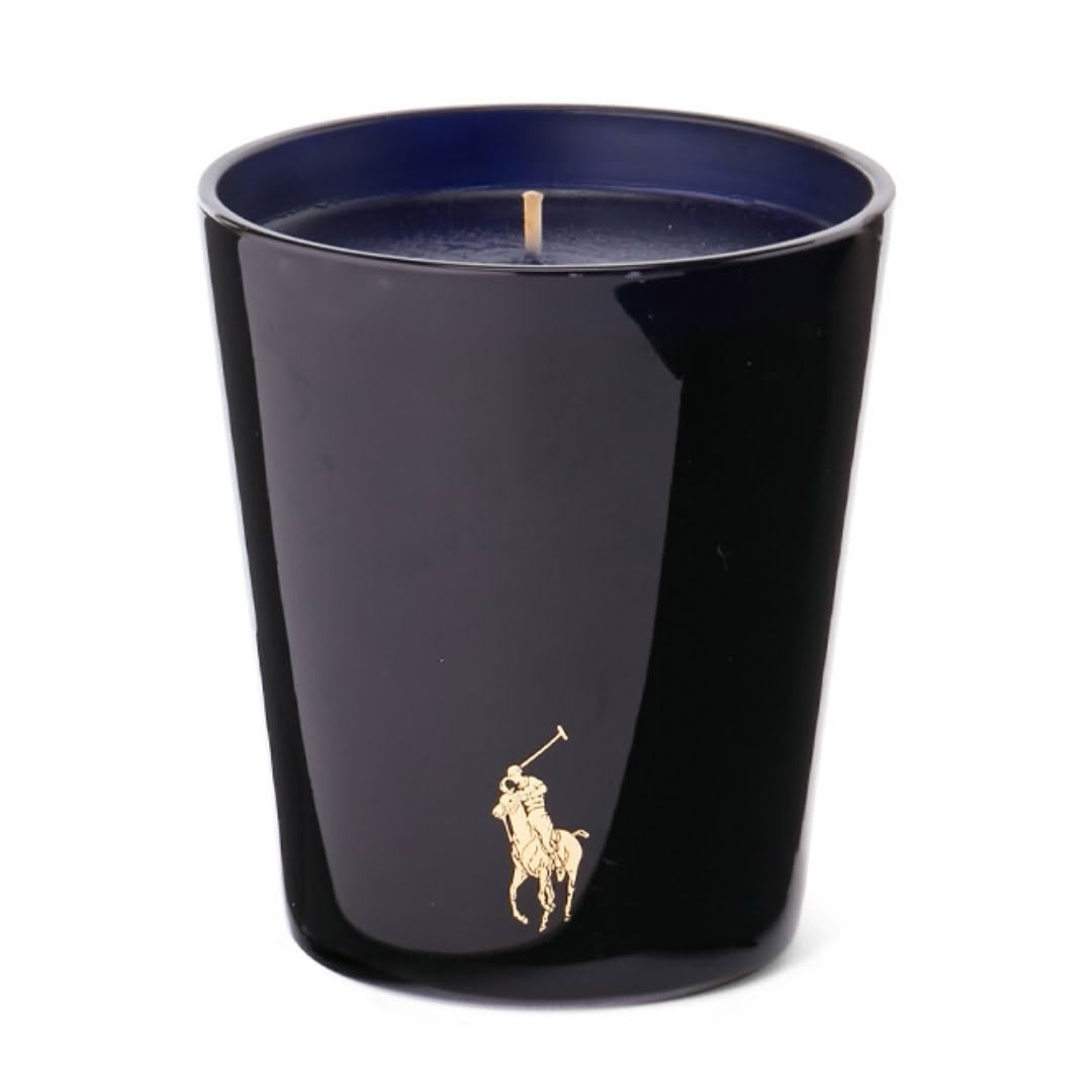 Black scented candle with gold polo player logo
