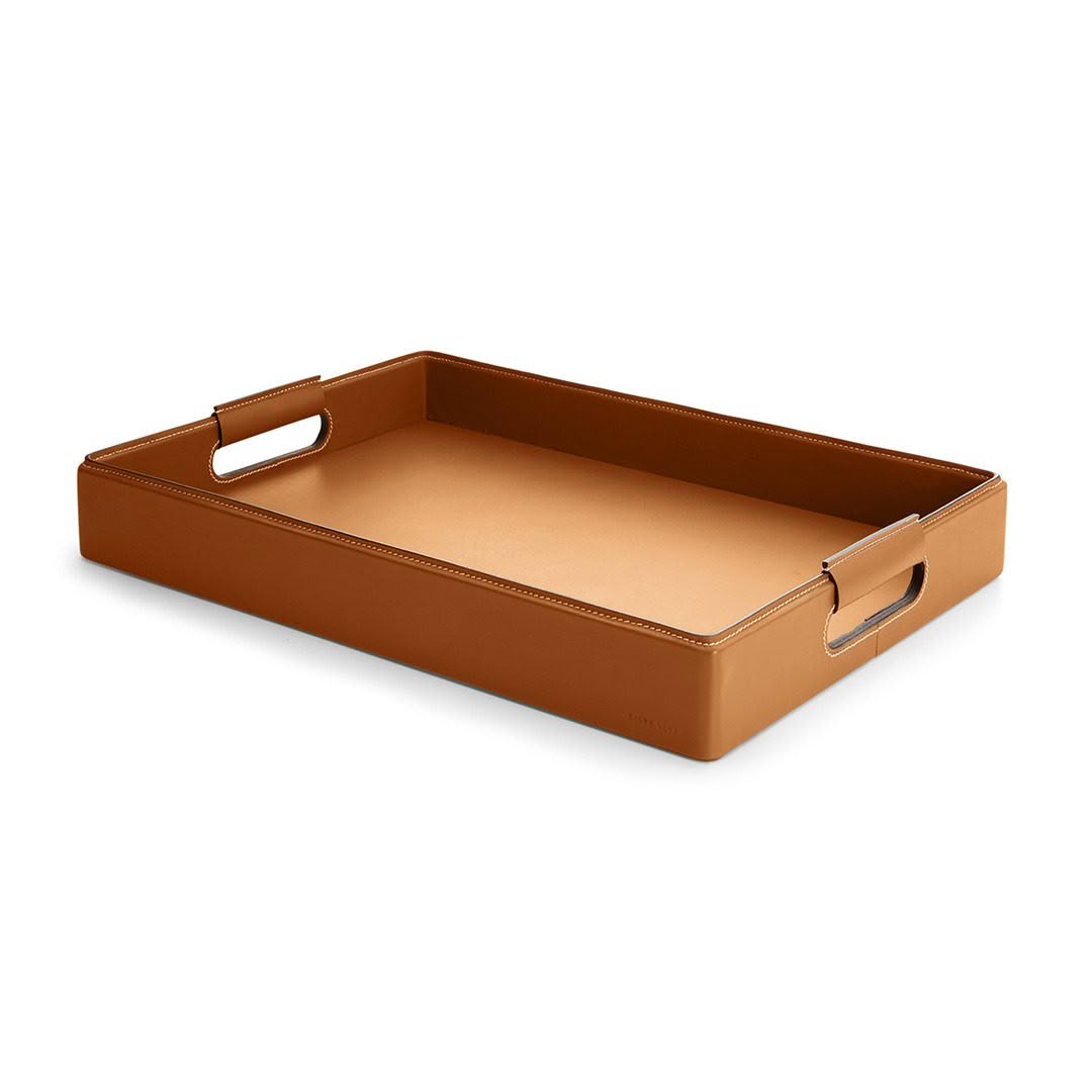 Tan leather serving tray with handles
