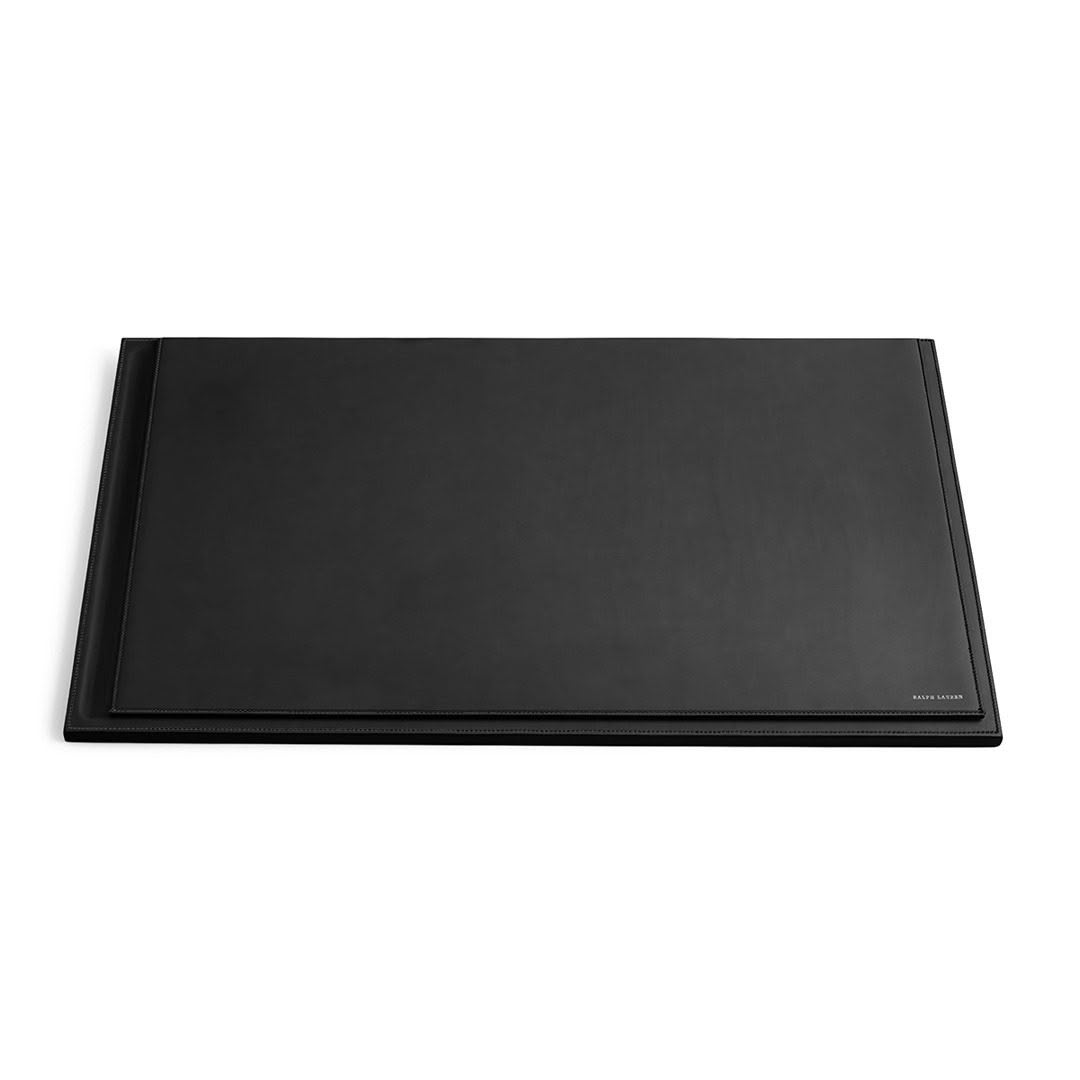 Black rectangular leather desk mat on white background