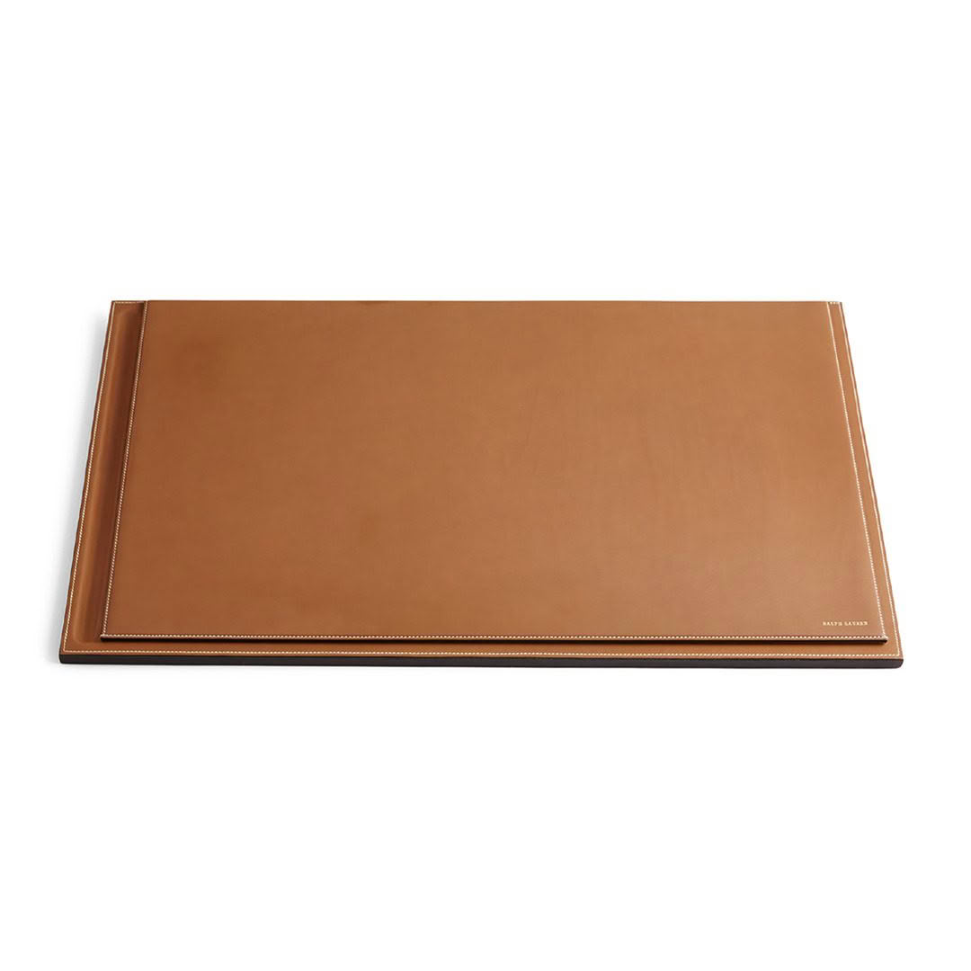 Brown leather desk pad with stitching