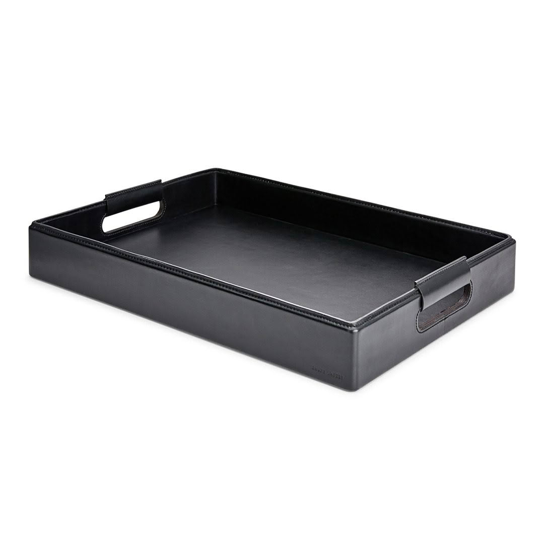 Black leather serving tray with metal handles