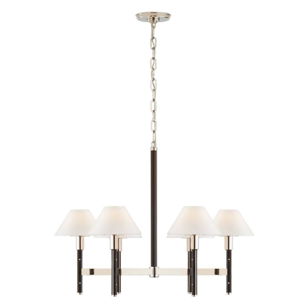Modern chandelier with three white shades and chrome finish