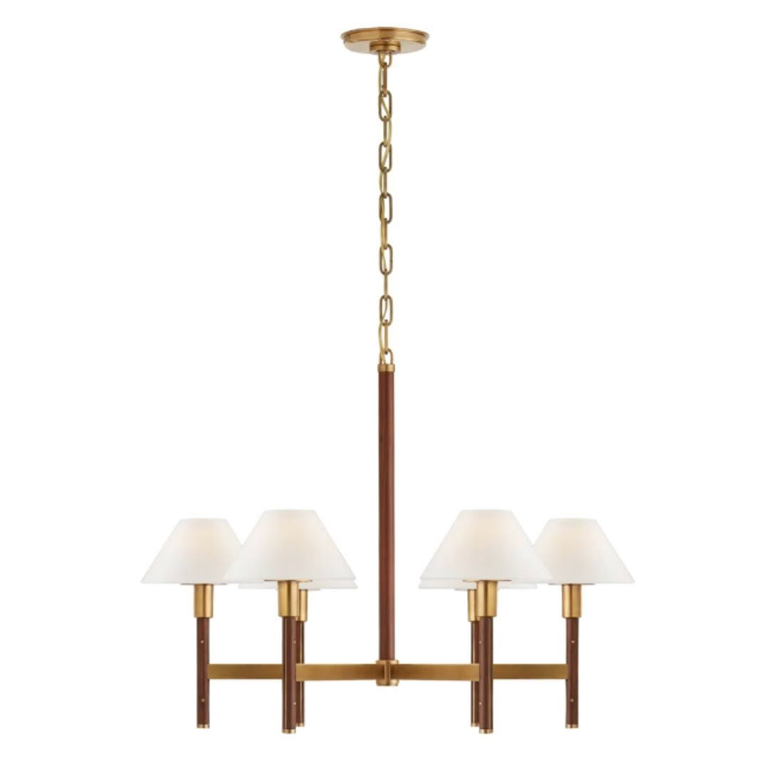 Elegant six-light brass and wood chandelier