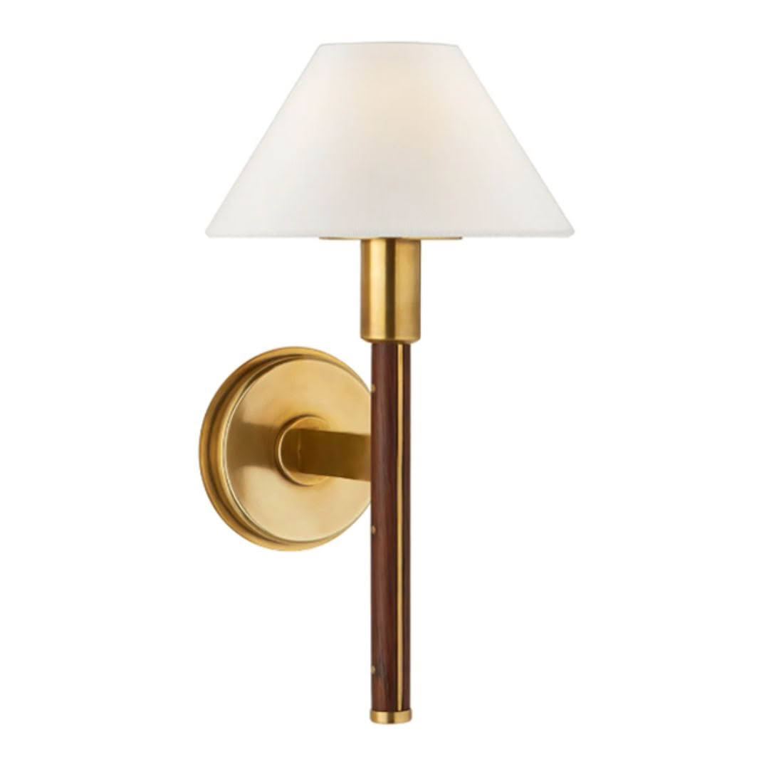 Gold and wood wall-mounted lamp with white shade