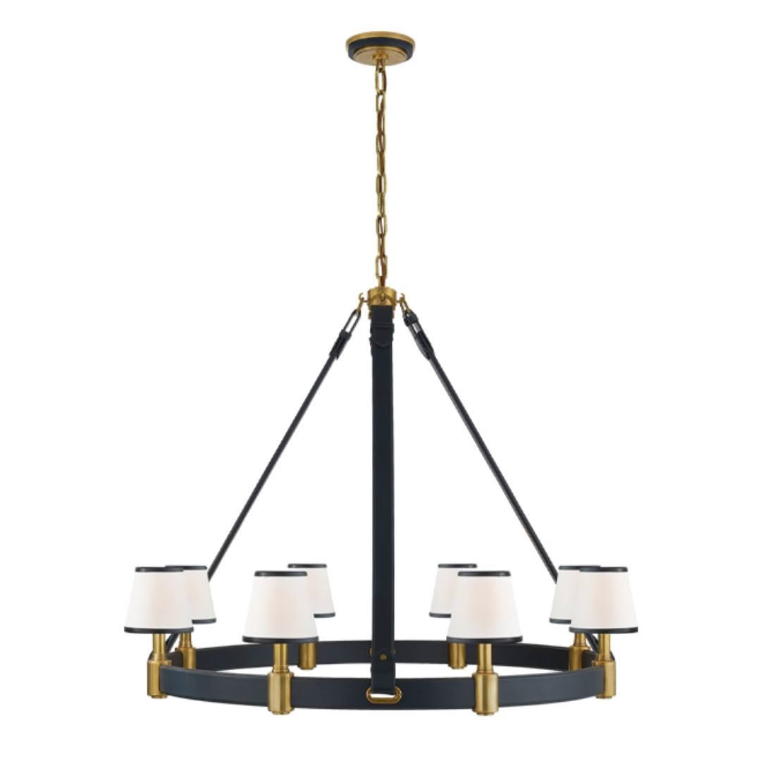 Elegant black and gold chandelier with six white shades