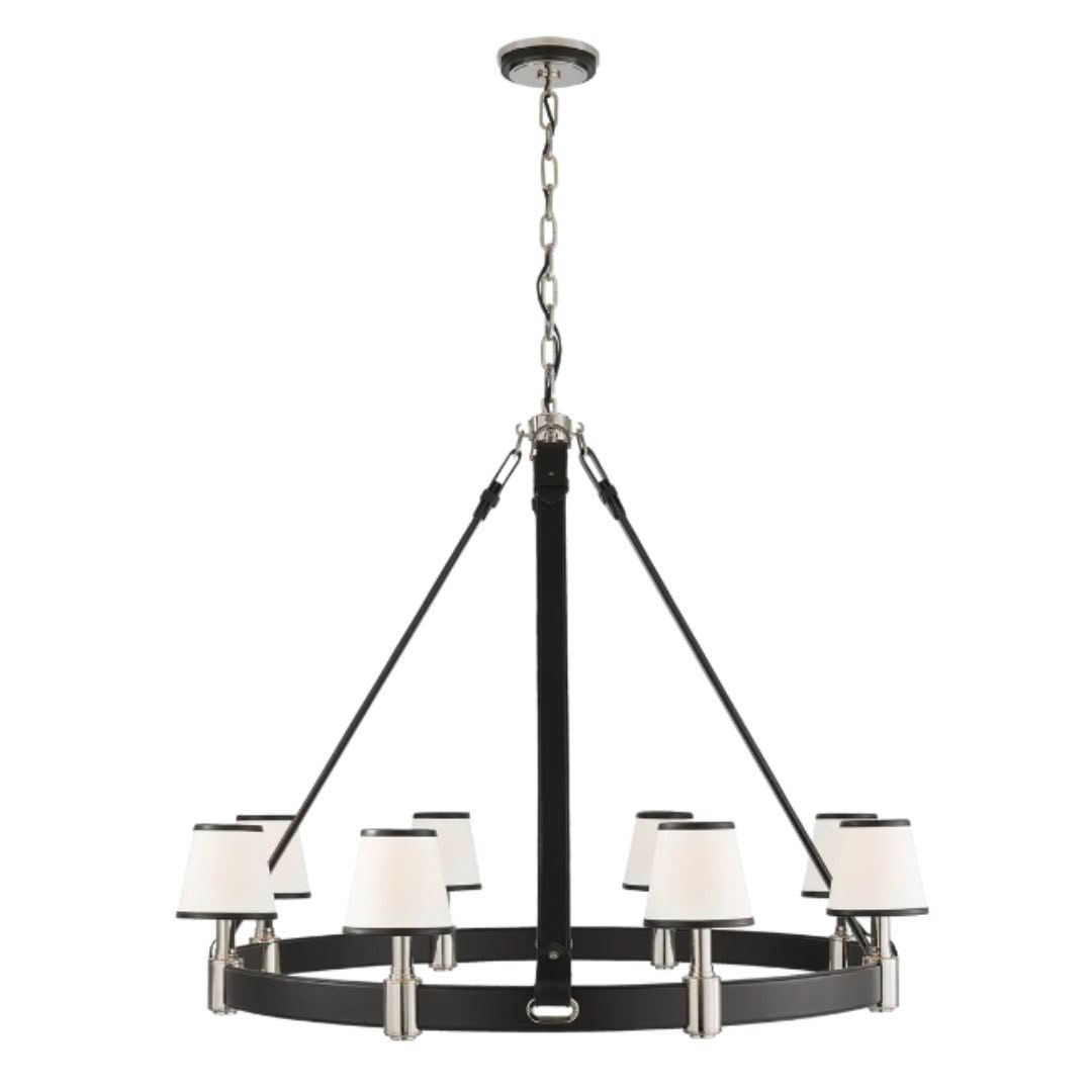 Elegant circular black chandelier with white lampshades