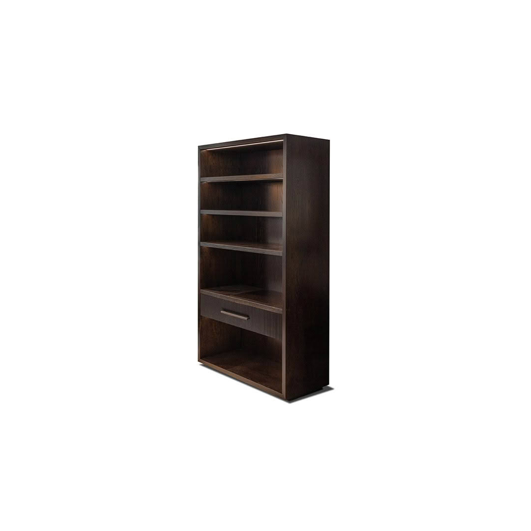 Dark brown wooden bookshelf with drawer isolated on white