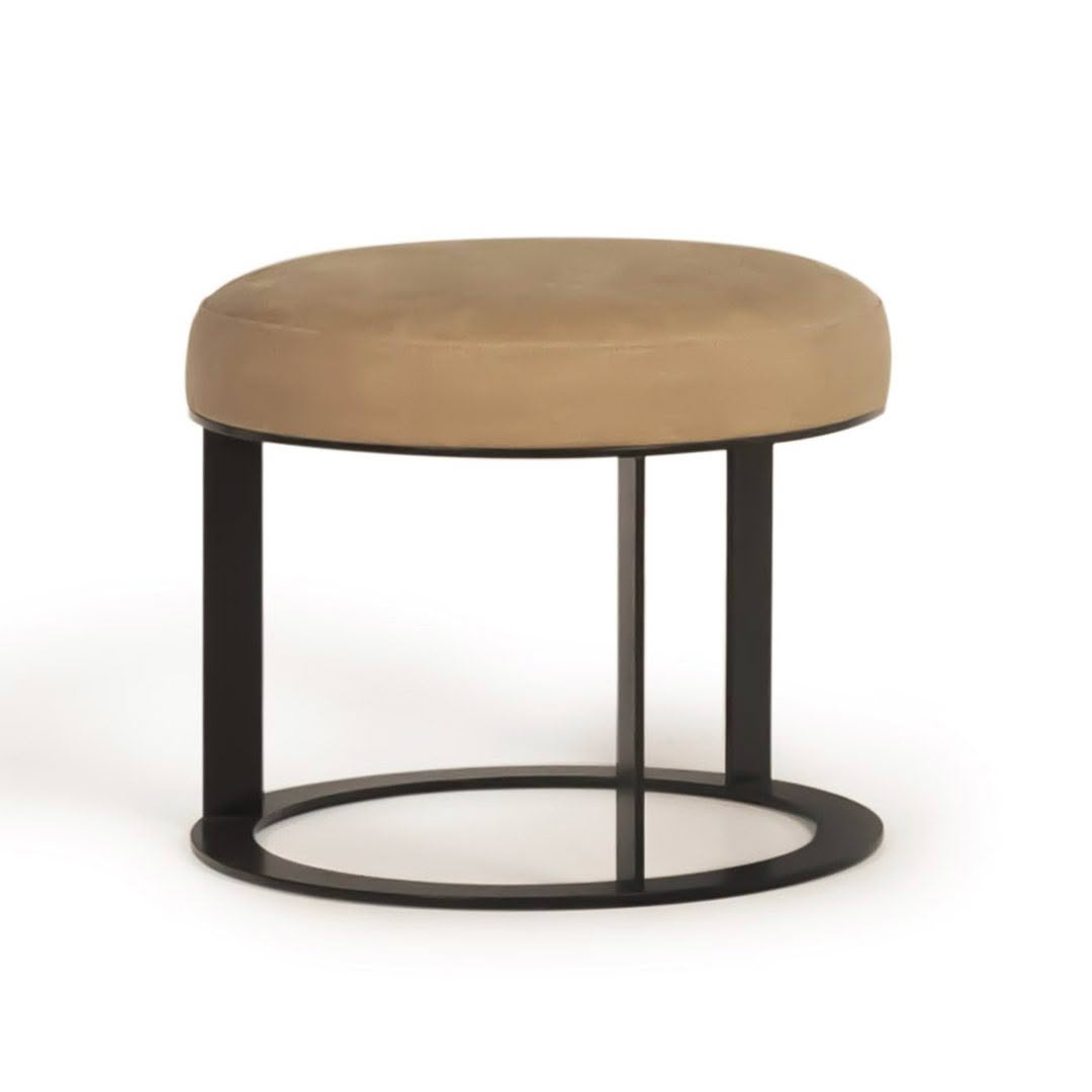 Tan leather round stool with black metal frame