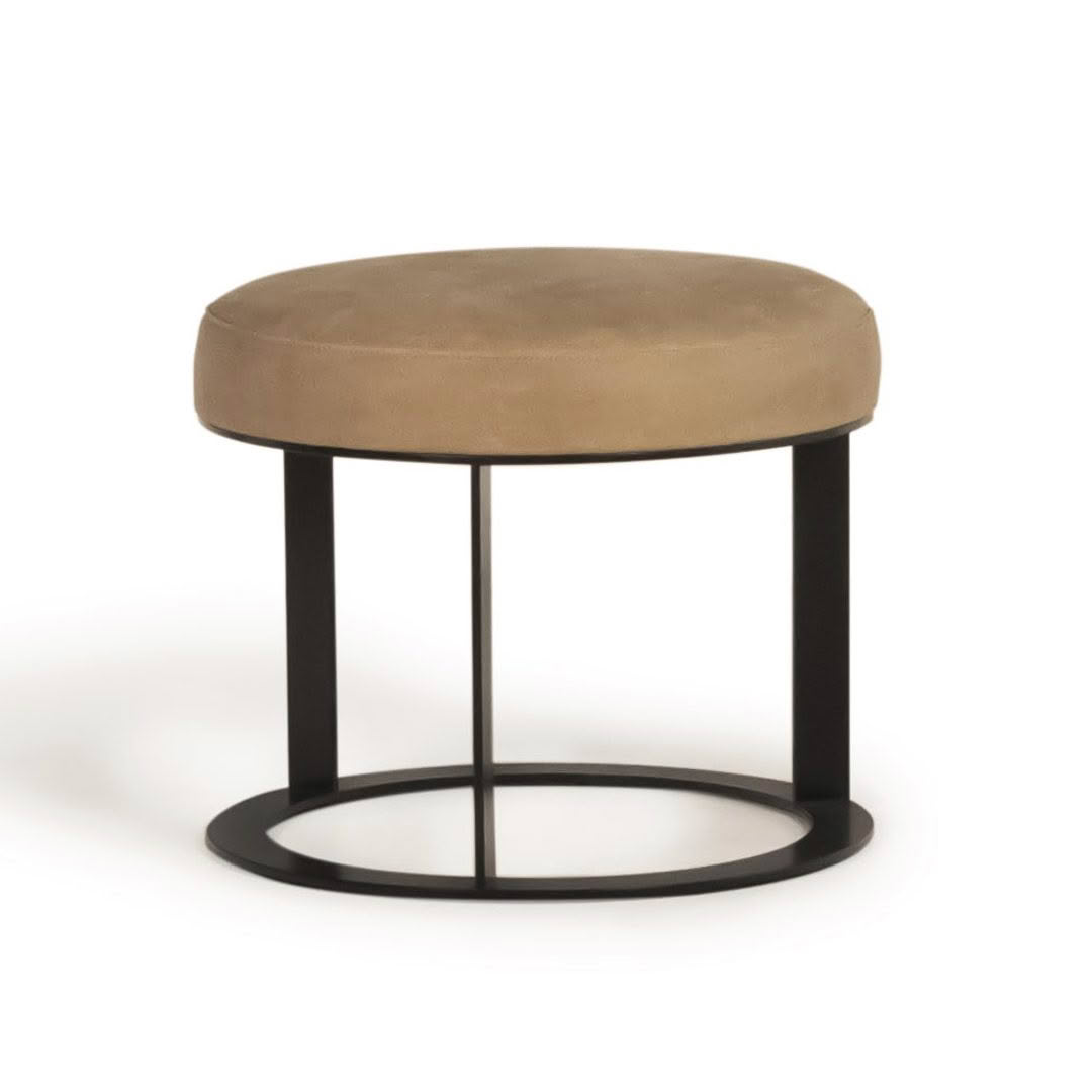 Round beige ottoman with black metal base