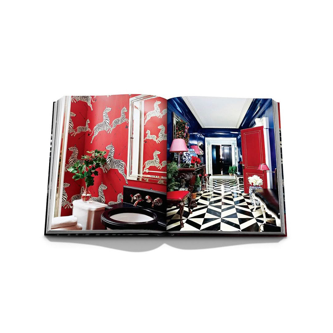 Open book showing vivid interior design magazine spread