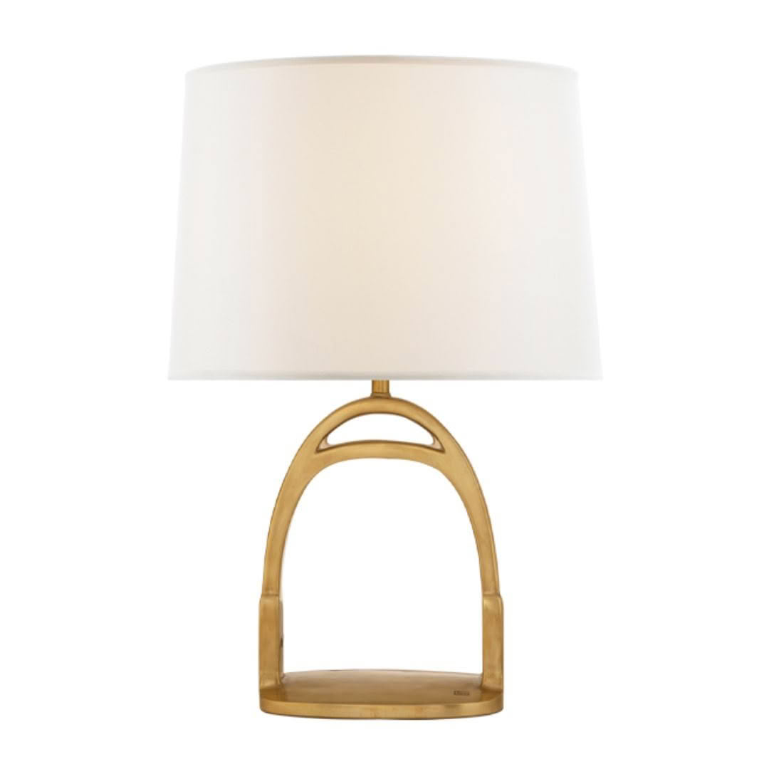 Contemporary golden arch table lamp with white shade