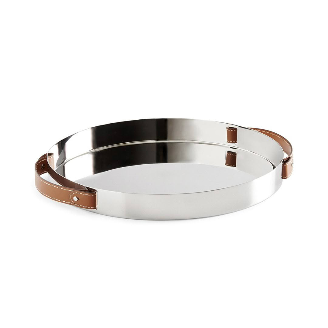 Round silver tray with brown leather handles