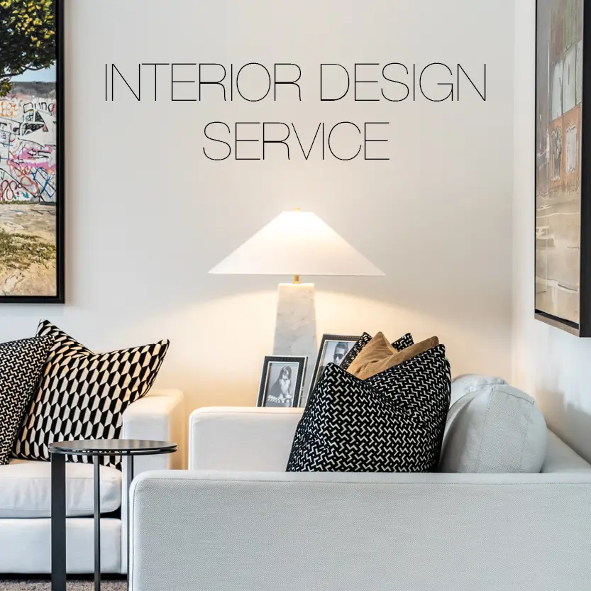 Stylish living room interior displaying design service sign