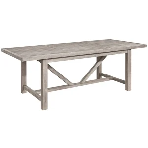 Gray wooden dining table with cross-beam legs