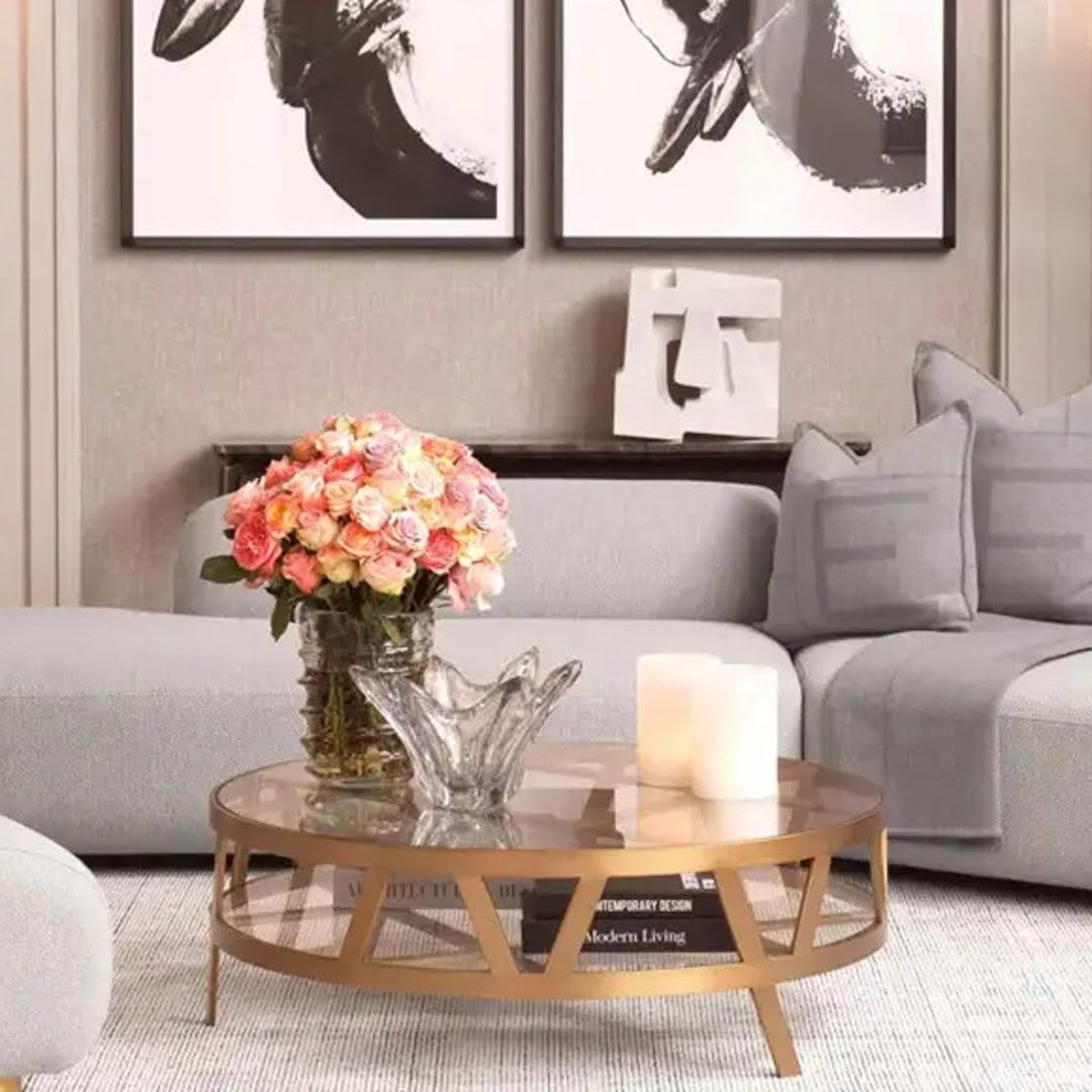 Elegant living room with floral decor and modern art