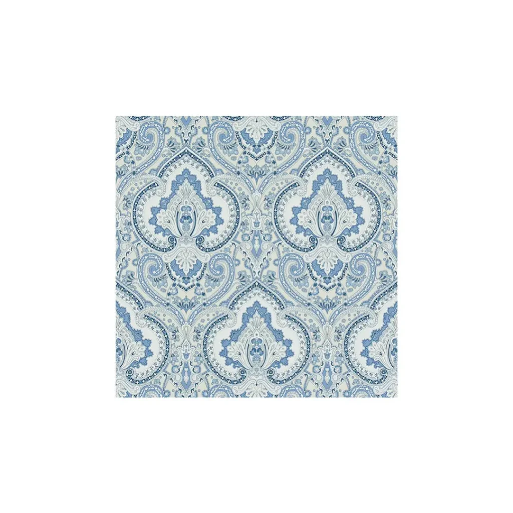 Detailed blue paisley pattern on fabric
