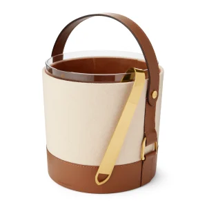 Designer canvas and leather bucket bag with strap