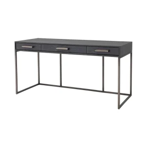 Modern dark wood desk with metal frame and drawers