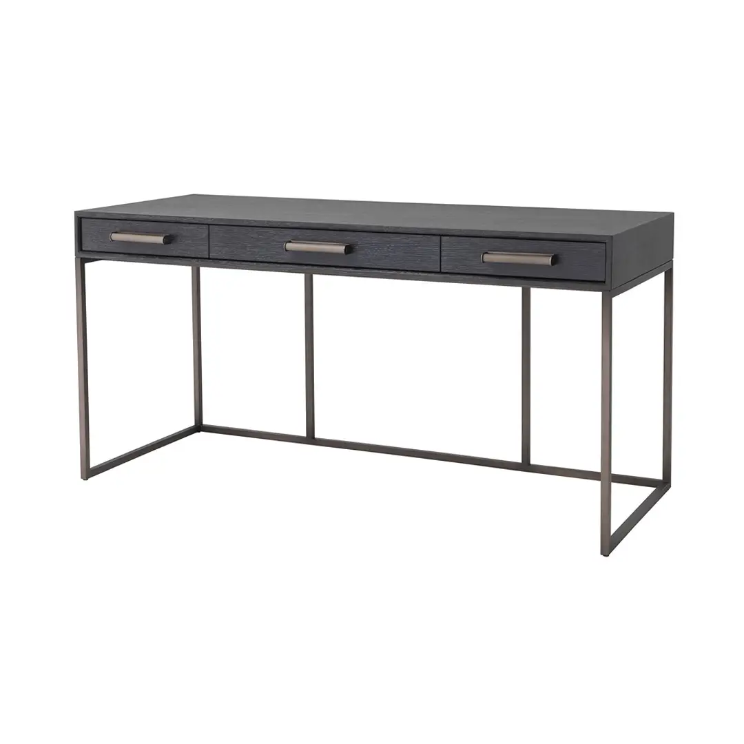 Modern dark wood desk with metal frame and drawers