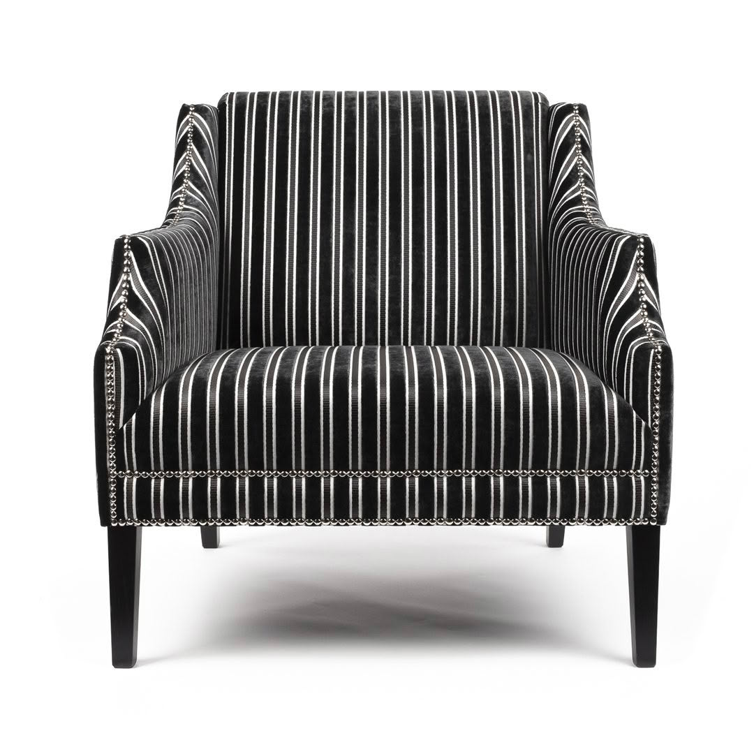 Black striped armchair with nailhead trim on white