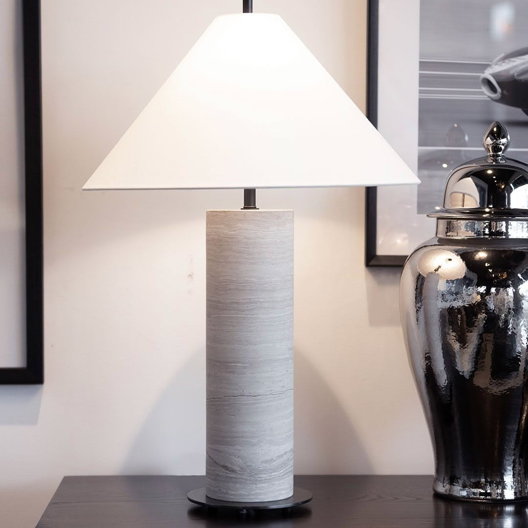 Modern table lamp with white shade and textured base
